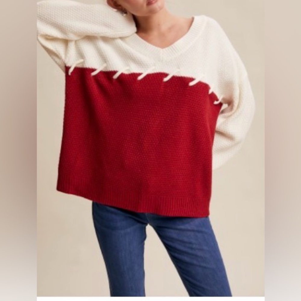 Listicle V-Neck Sweater in Red and Cream
